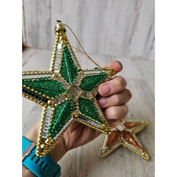 Vintage glitter star gold green orange plastic mirror ornament Xmas tree - Picture 4 of 8